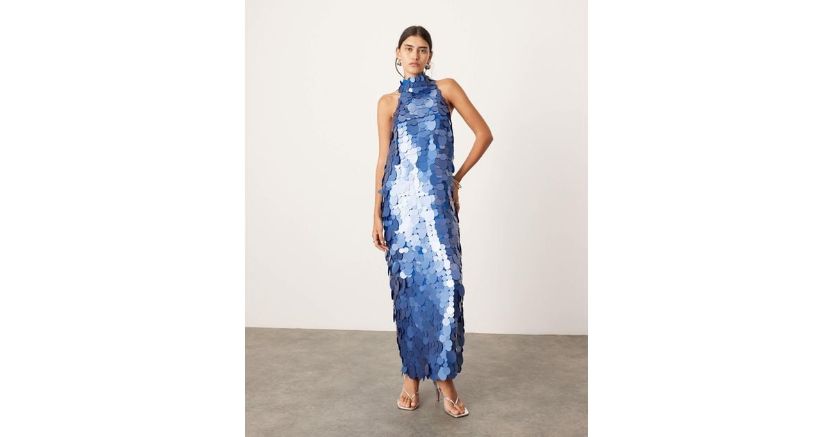 ASOS Embellished Matte Disc Sequin Column Midi Dress in Blue | Lyst