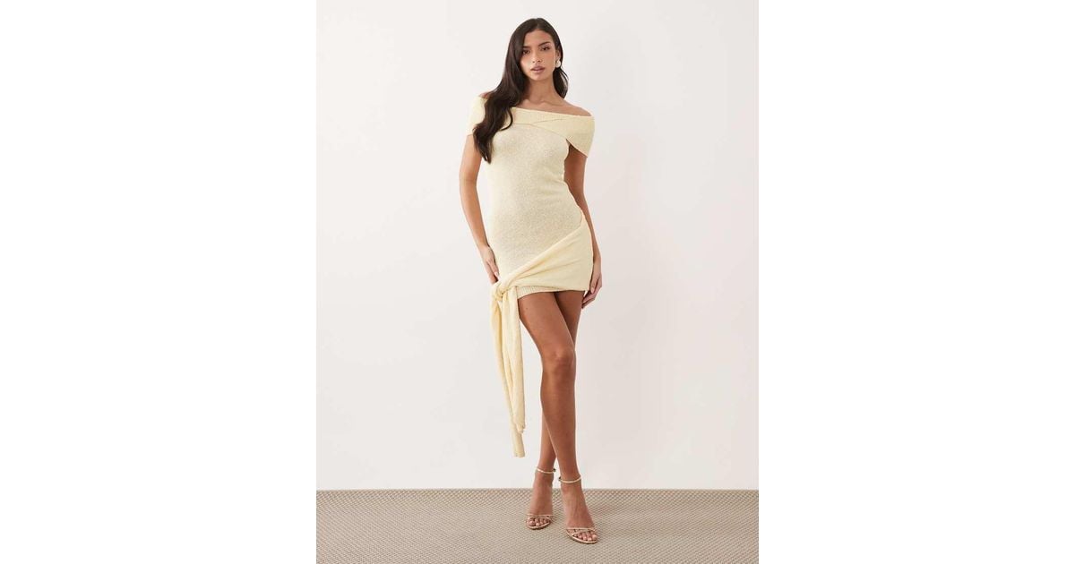 Aria Cove Boucle Knit Twist Bardot Knot Drape Front Mini Dress in ...