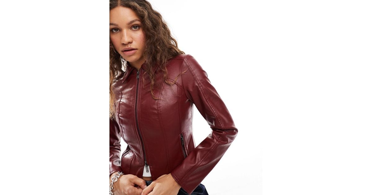 Bershka Fitted Faux Leather Jacket in Red Lyst