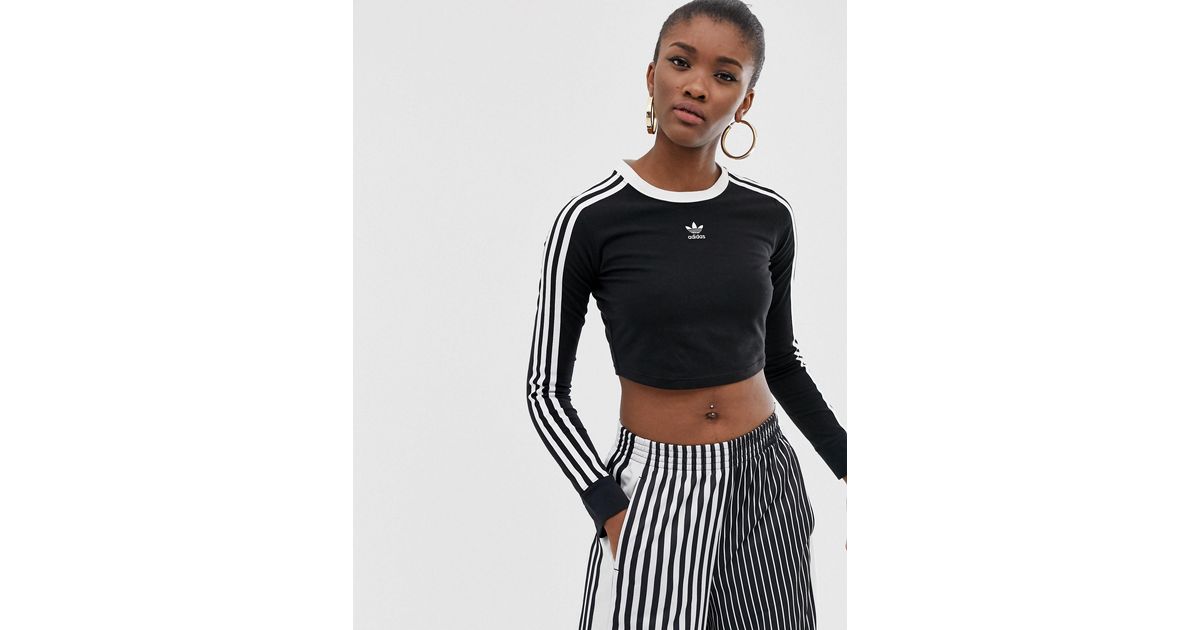 adidas originals three stripe cropped long sleeve top in black