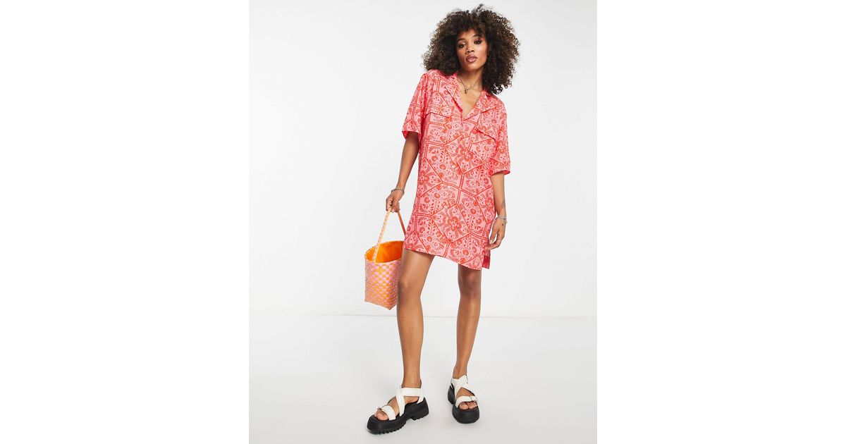 ASOS Synthetic Bowling Shirt Dress in Red | Lyst