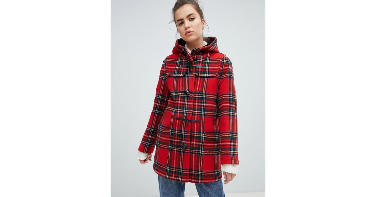 red check duffle coat