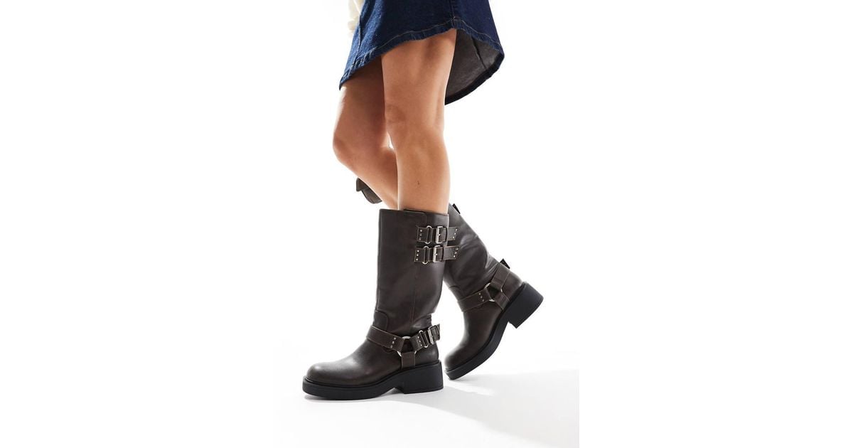 Bershka Buckle Detail Calf Length Boots in Black Lyst UK