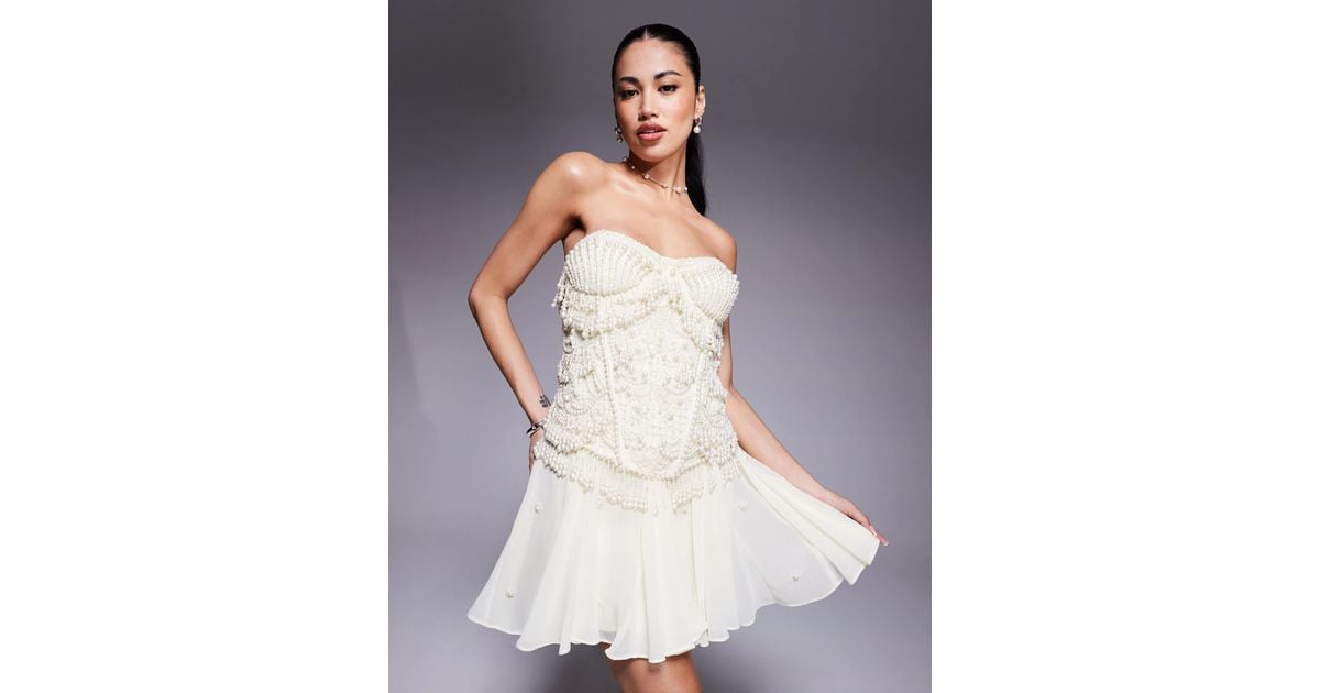 ASOS Corset Bandeau Mini Dress With Pearl Beading in White | Lyst