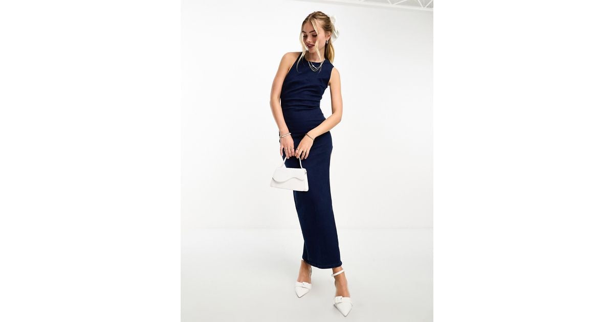 Robe moulante en jean a col montant fonce Bershka en coloris Bleu Lyst