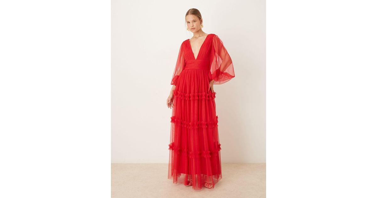 chinese dress ladies Wine Red Lace Solid Color Short Sleeve Deep V Neck Maxi Dress – Ncocon
