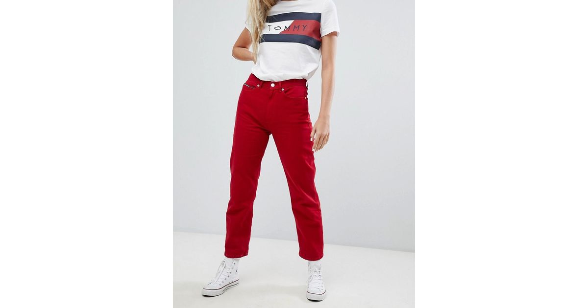 Tommy Hilfiger High Rise Straight Leg Jeans in Red | Lyst