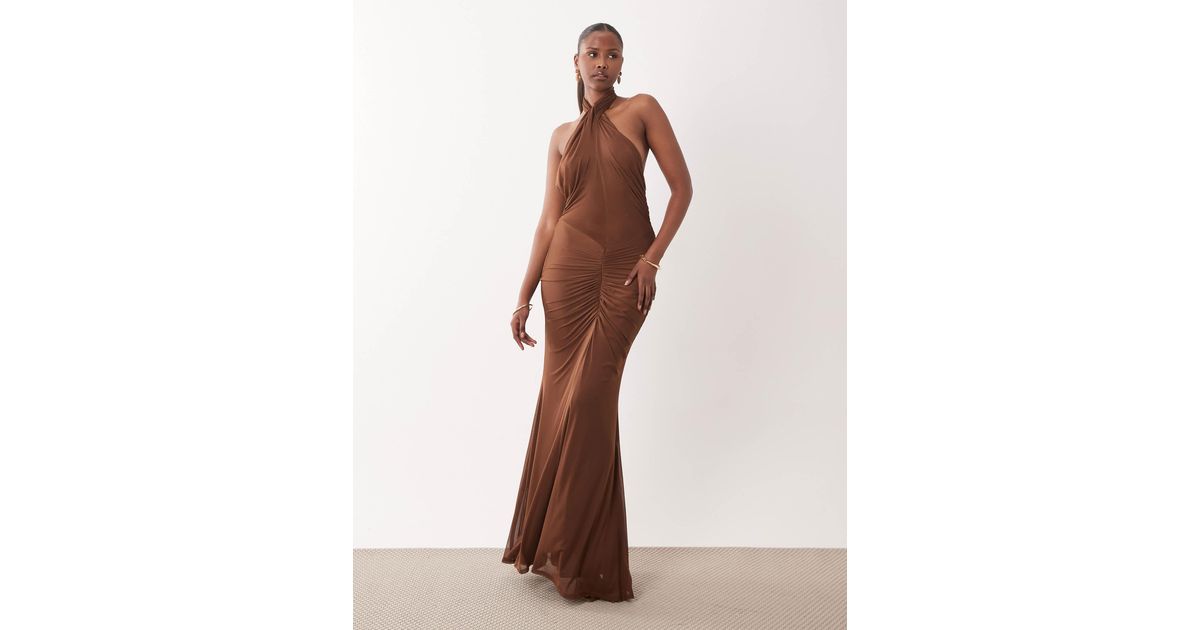 ASOS Mesh Halter Neck Maxi Dress With Ruched Skirt in Brown | Lyst