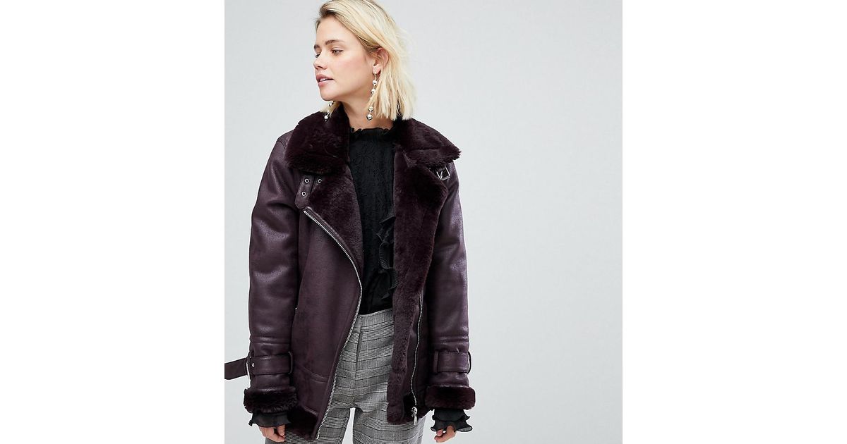 Warehouse Red Faux Leather Look Aviator Jacket