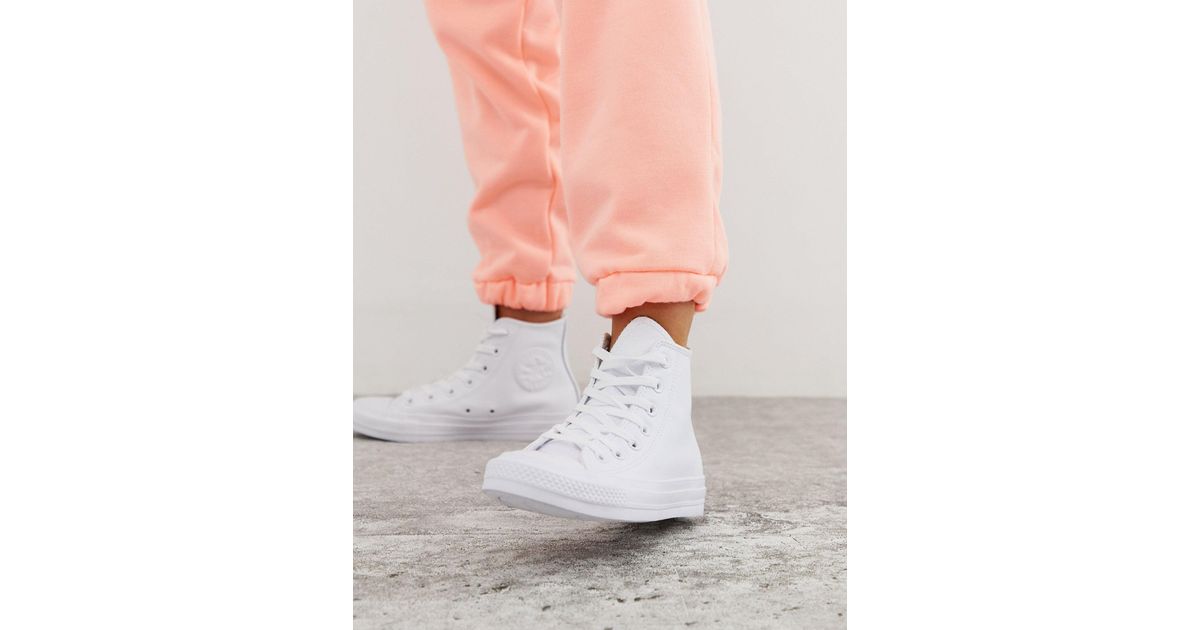 Converse Chuck Taylor Hi Leather White Monochrome Trainers | Lyst