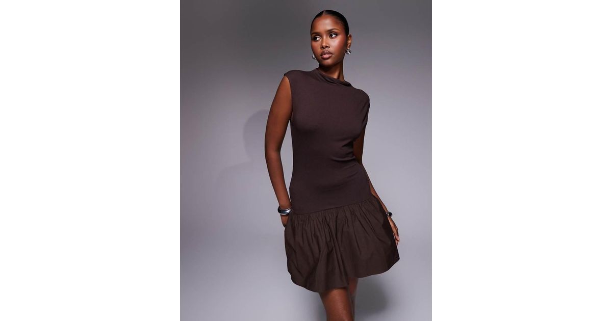 ASOS Grown On Neck Mini Dress With Poplin Mix Skirt in Brown | Lyst UK