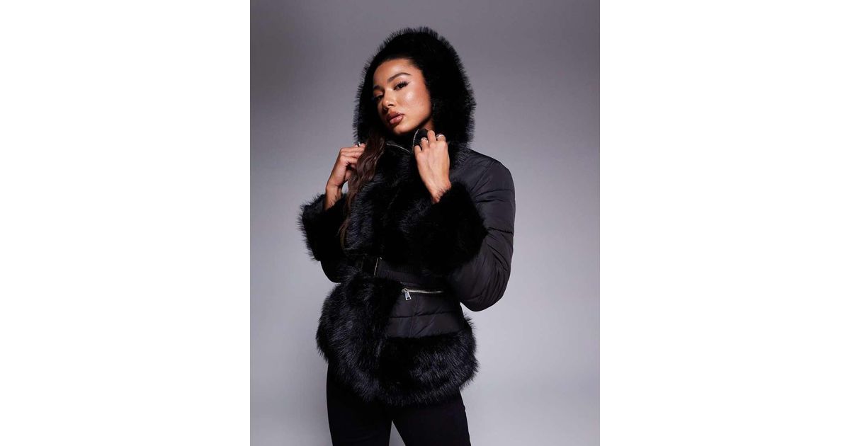 Puffer Jacket River Island Black Faux Fur Jacket Belted Jacket