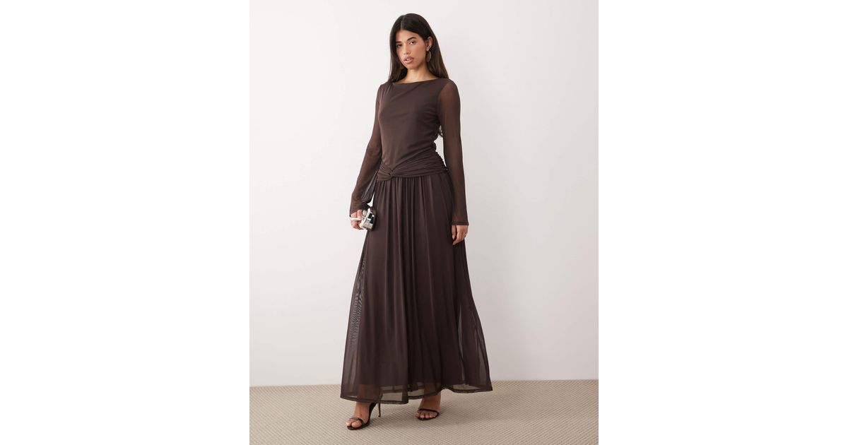 DASKA Drop Waist Mesh Maxi Dress With Twist Detail in Brown | Lyst