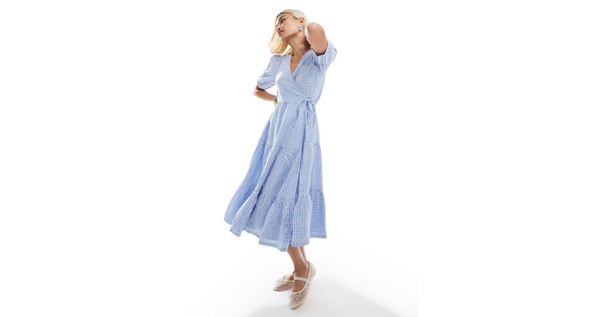 Monki Seersucker Wrap Midi Dress With Tiered Layers in Blue | Lyst Monki Seersucker Wrap Midi Dress With Tiered Layers in Blue | Lyst