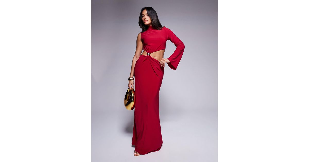 LONG SLEEVE TWISTED MAXI DRESS IN RED main image 1