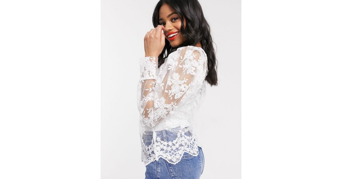 Lipsy Lace Puff Sleeve Blouse With Tie Bow Neck Detail in White | Lyst