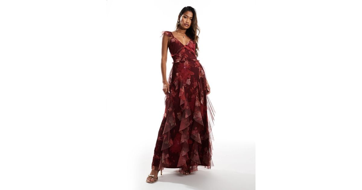 Red Ruffle Lace LACE & BEADS Ruffle Midaxi Tulle Dress in Red | Lyst