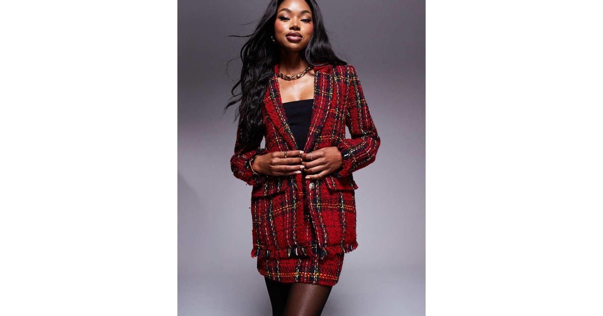 River Island Tartan Boucle Blazer Co-Ord in Red Lyst UK