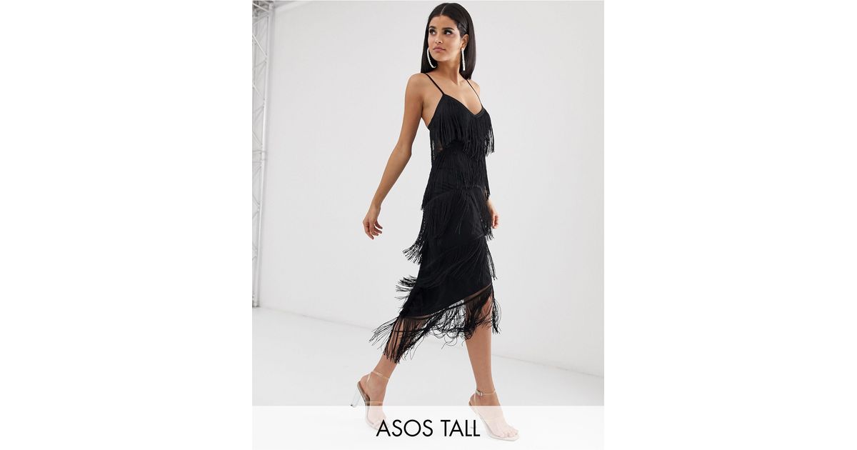 asos design fringe mesh strappy midi bodycon dress