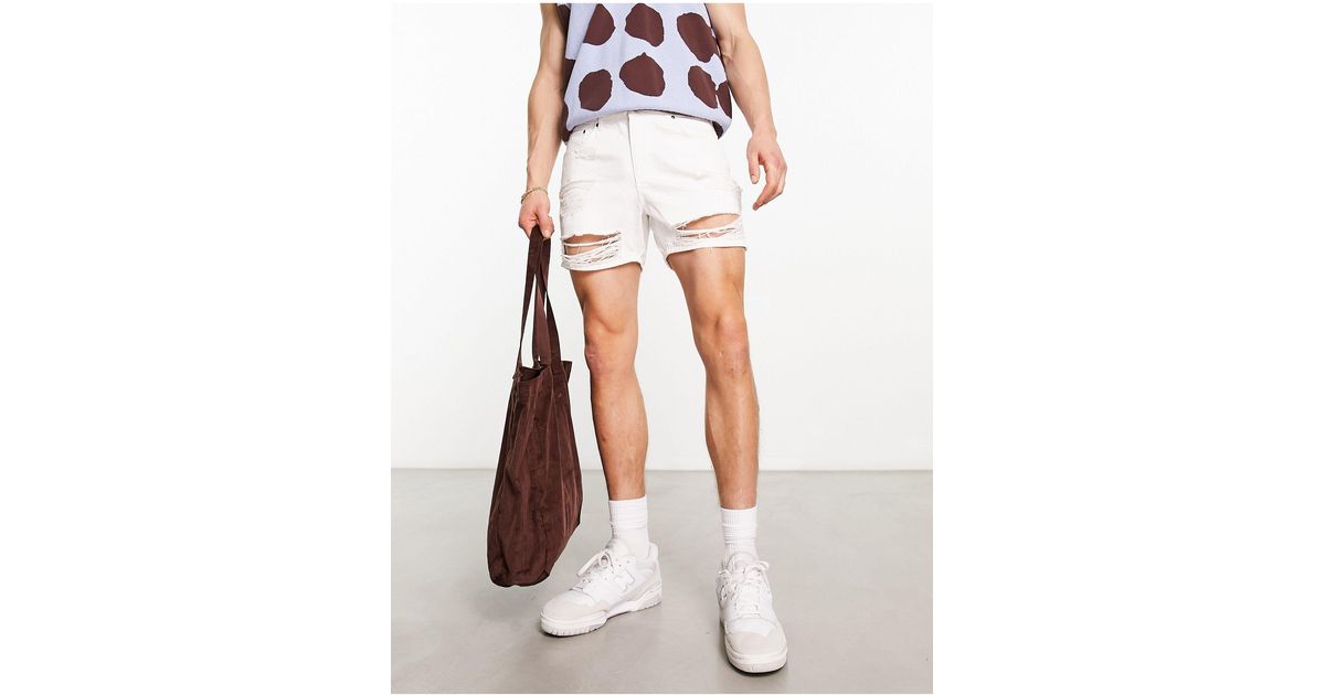 ASOS Shorter Length Denim Shorts With Rips in White for Men Lyst
