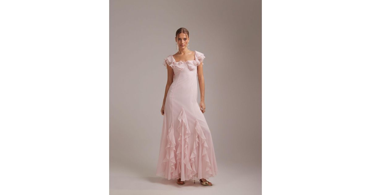 ASOS Bridesmaids Bardot Ruffle Chiffon Maxi Dress in Pink