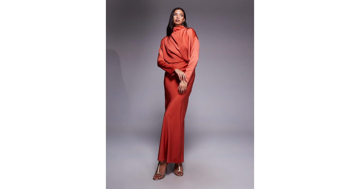 ASOS High Neck Bias Satin Maxi Dress With Sleeve Detail in Red | Lyst