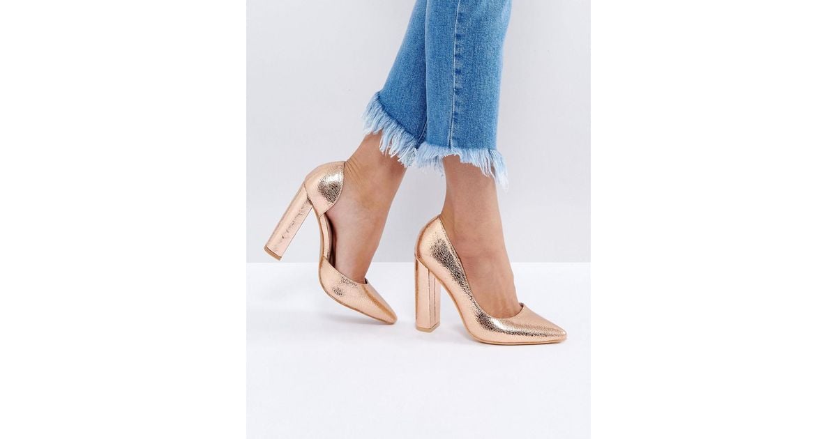 gold block heel court shoes