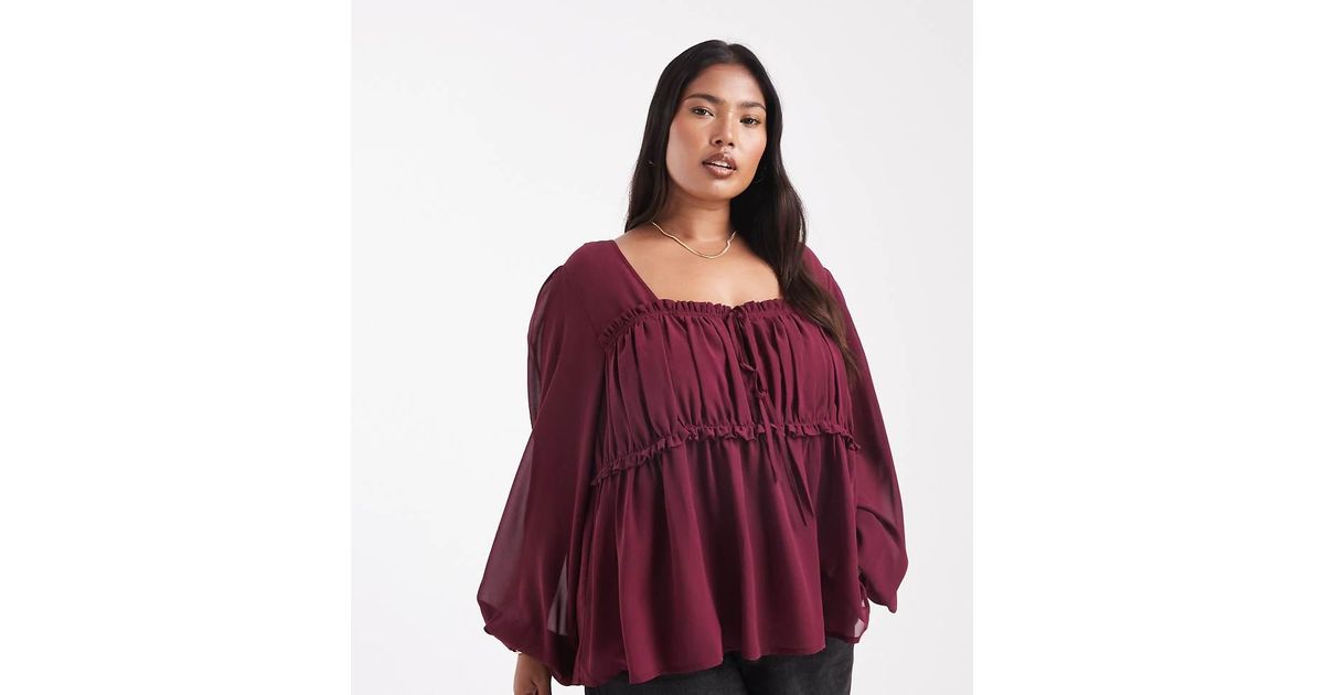 ASOS Asos Design Curve Sheer Yoke Ruched Detail Blouse in Purple