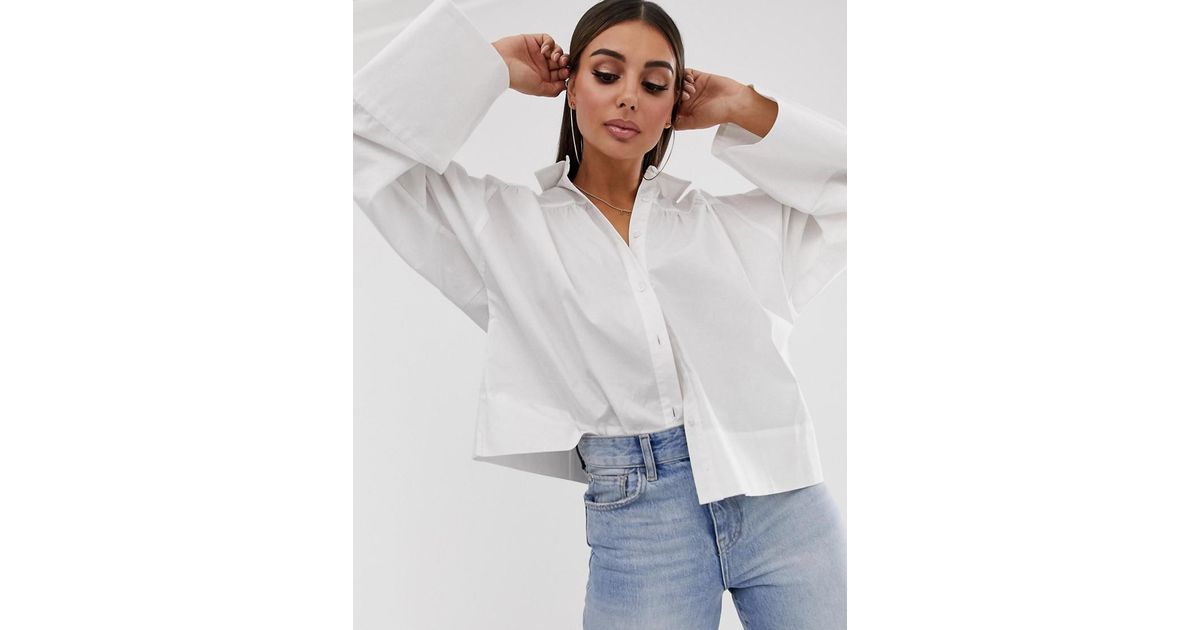 ASOS DESIGN long sleeve oversized shirt with side split detail and stitch  detail in white