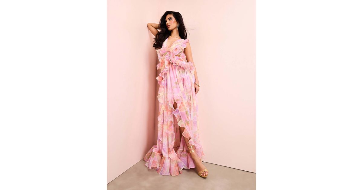 ASOS Plunge Maxi Dress With Ruched Chiffon Detail & Open Back in Pink | Lyst