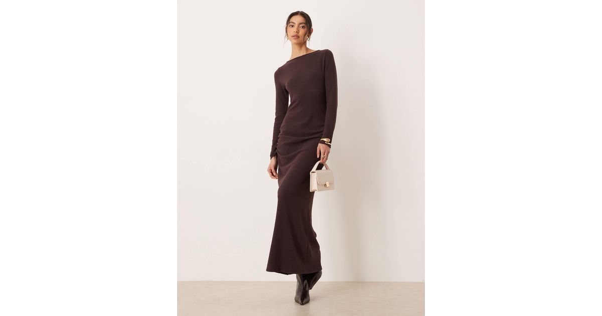 ASOS Super Soft Slashed Neck Ruched Maxi Dress in Natural | Lyst