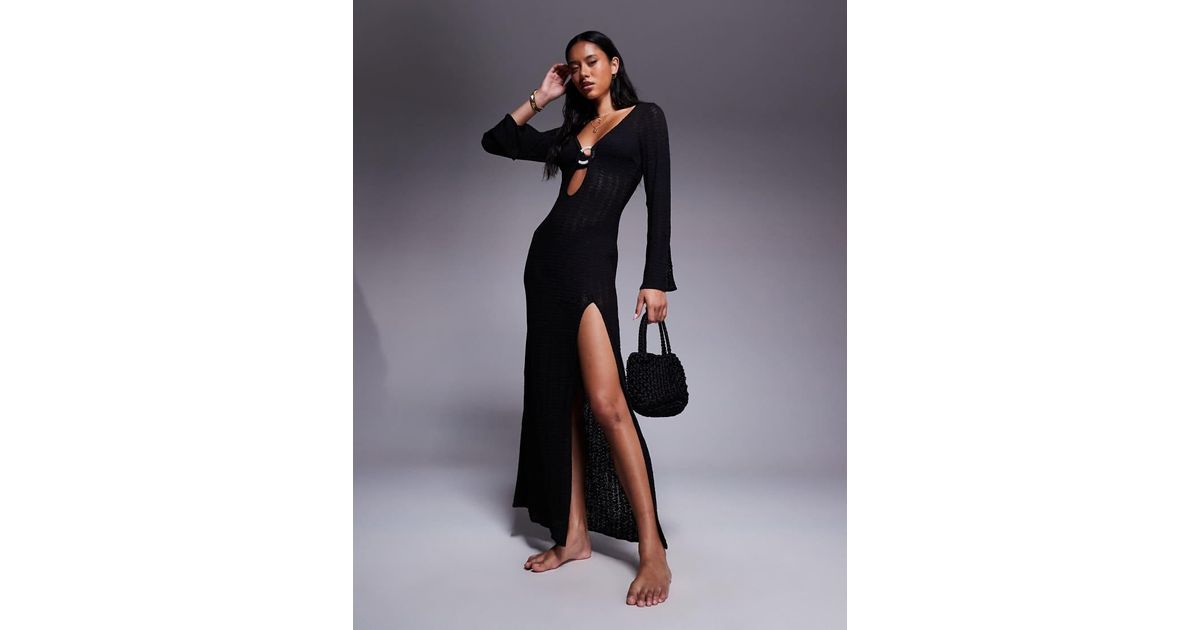 ASOS Abigail Crochet Maxi Beach Dress With Beaded Detail in Black