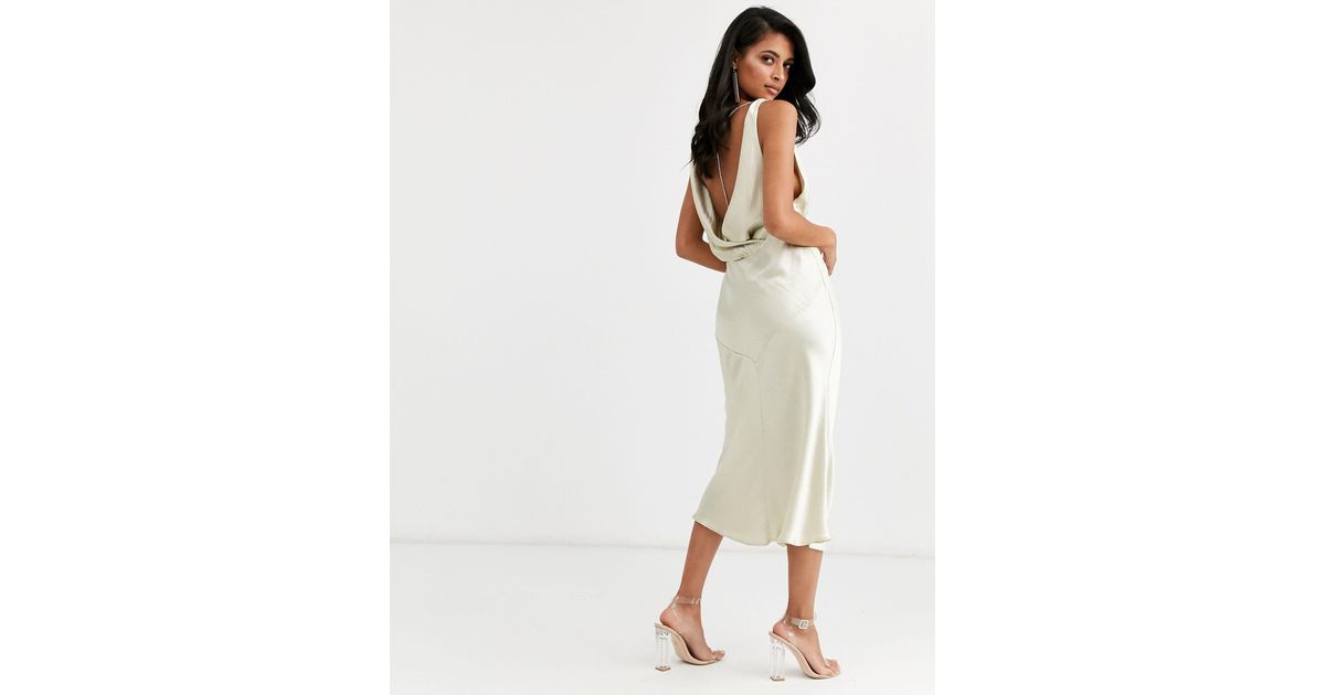 asos design cowl back bias cut midi dress with diamante back detail in satin