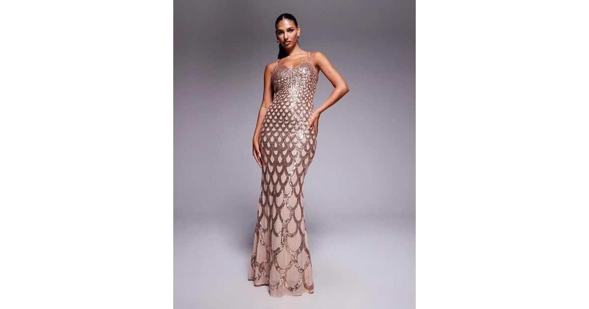 Midi Dress Split Maxi Goddiva Champagne Sequin Dress Goddiva Diamante Strap  Fish Scale Sequin Maxi Dress In Metallic Lyst UK