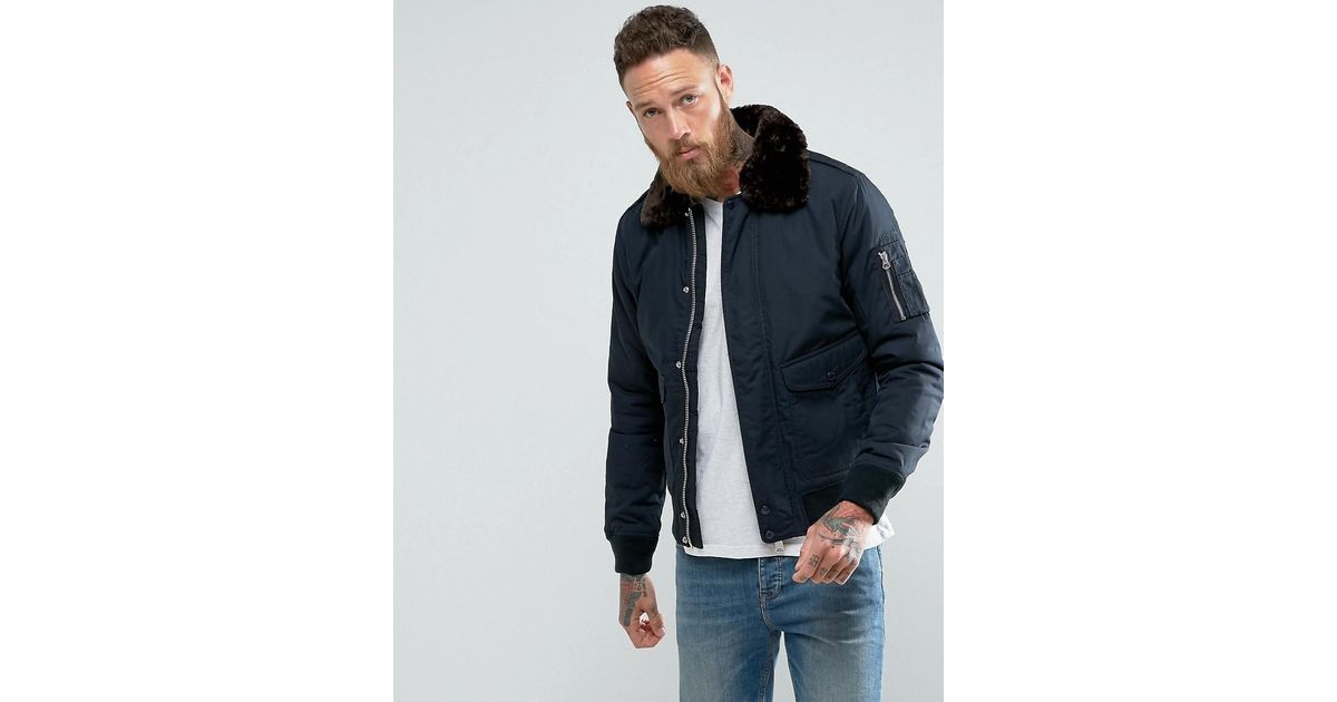 Schott Nyc Air Bomber Jacket Detachable Faux Fur Collar Slim Fit In  Navy/brown in Blue for Men | Lyst