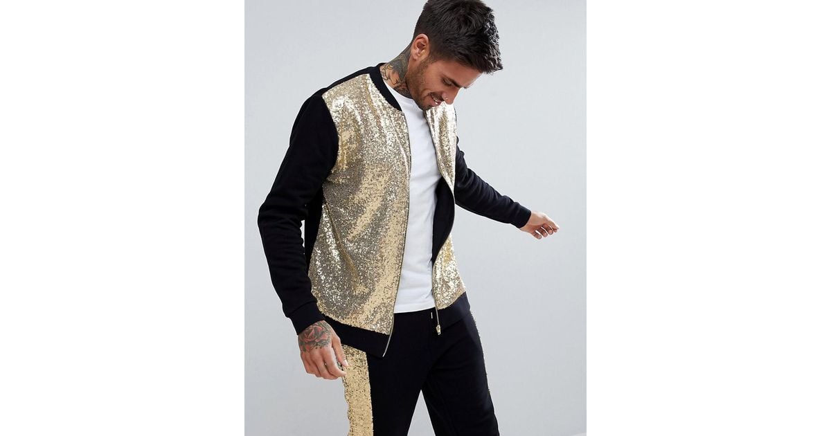 ASOS Black Gold Sequin Bomber Jacket for men