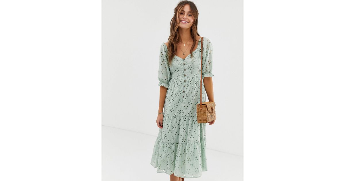 ASOS Denim Button Through Tiered Midi Broderie Dress in Green | Lyst