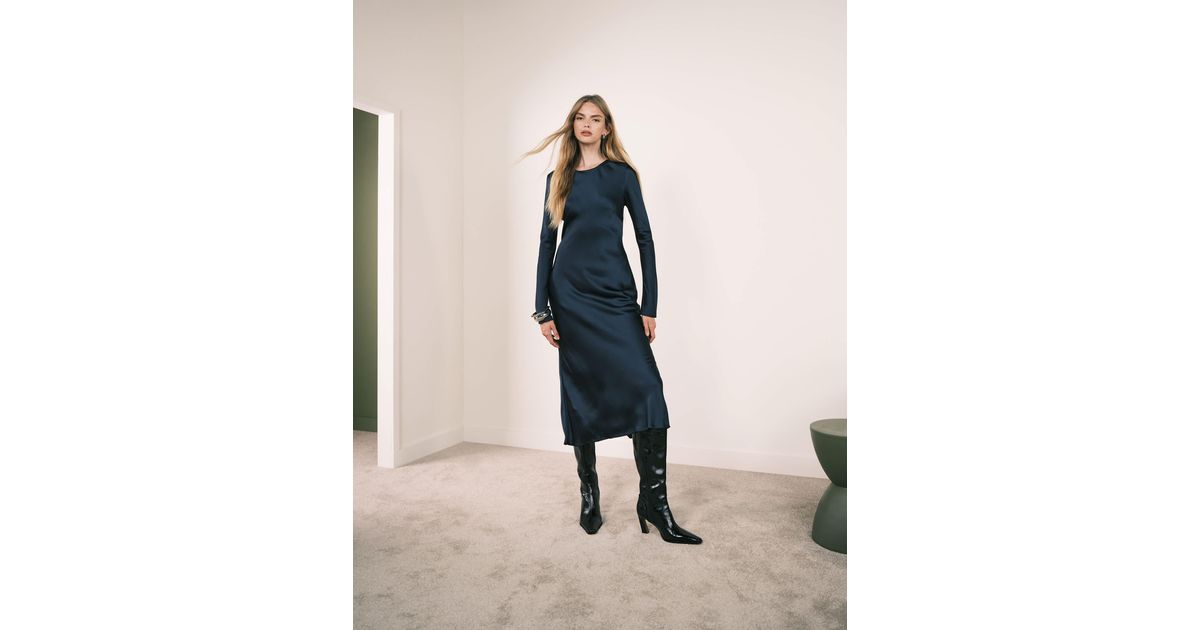 Mango Long Sleeve Satin Maxi Dress in Blue | Lyst