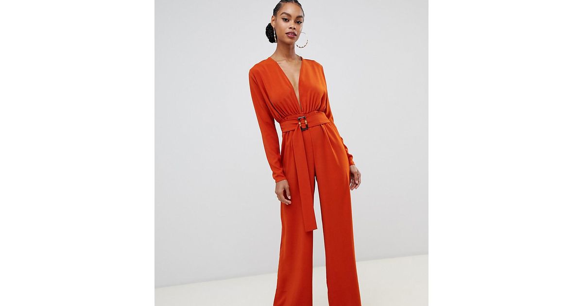 Boohoo Satin Belted Plunge Jumpsuit In 