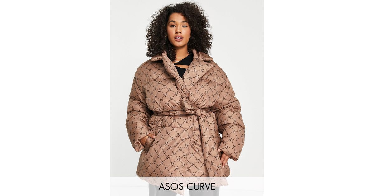 ASOS Curve Wrap Puffer Jacket in Brown Lyst