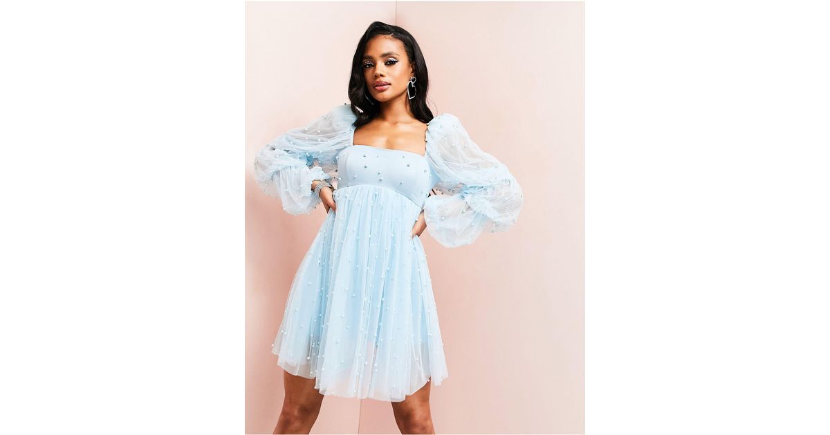 ASOS Tulle Baby Doll Dress With Pearl Embellishment in Blue Lyst