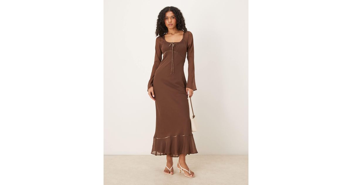 ASOS Ruched Bust Scoop Long Sleeve Maxi Dress in Brown | Lyst