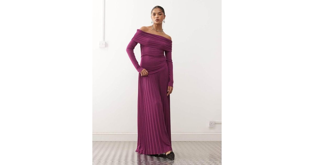 Lioness Field Of Dreams Glitter Long Sleeve Foldover Bardot Ruched Drop  Waist Pleated Maxi Dress in Purple | Lyst UK