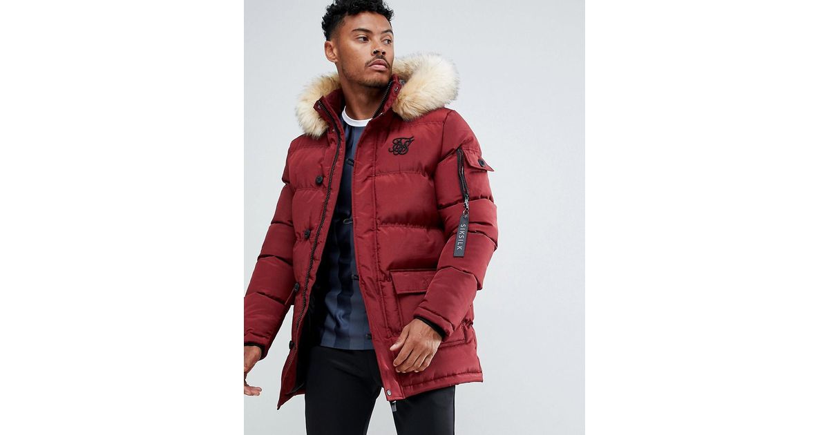 SIKSILK Parka Jacket With Faux Fur Hood In Burgundy in Red for Men | Lyst