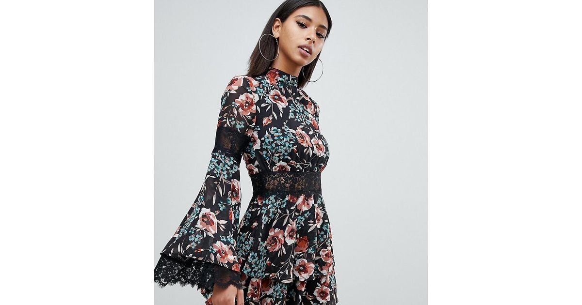 missguided floral high neck trim tea dress