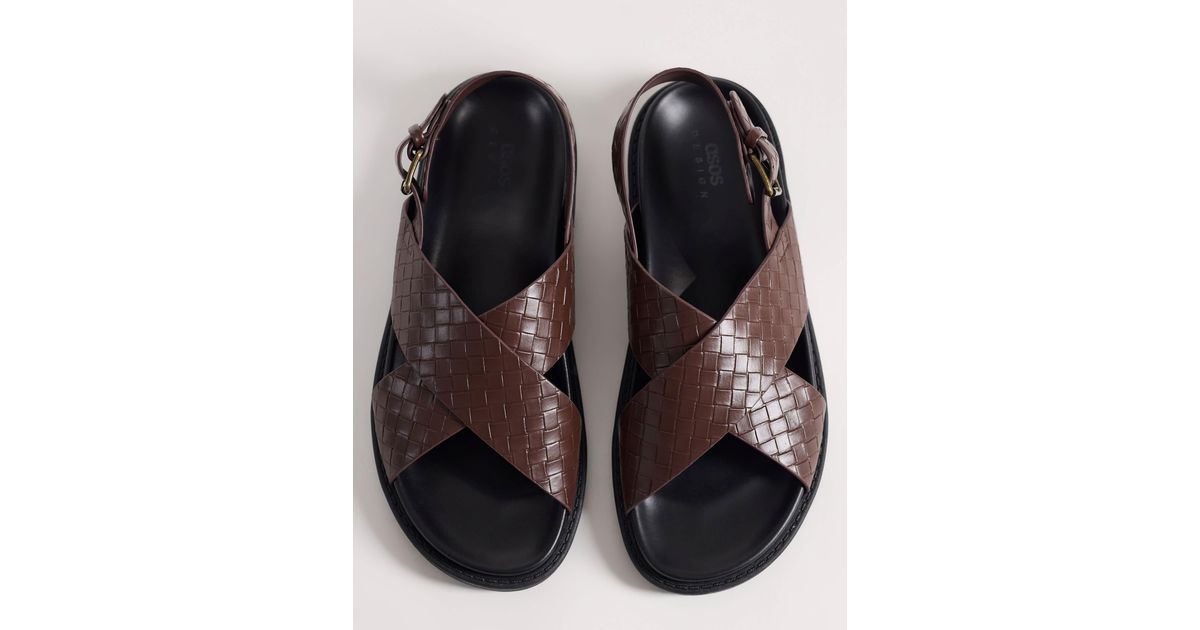 ASOS Cross Over Strap Sandals With Embossed Weave in Brown for Men | Lyst