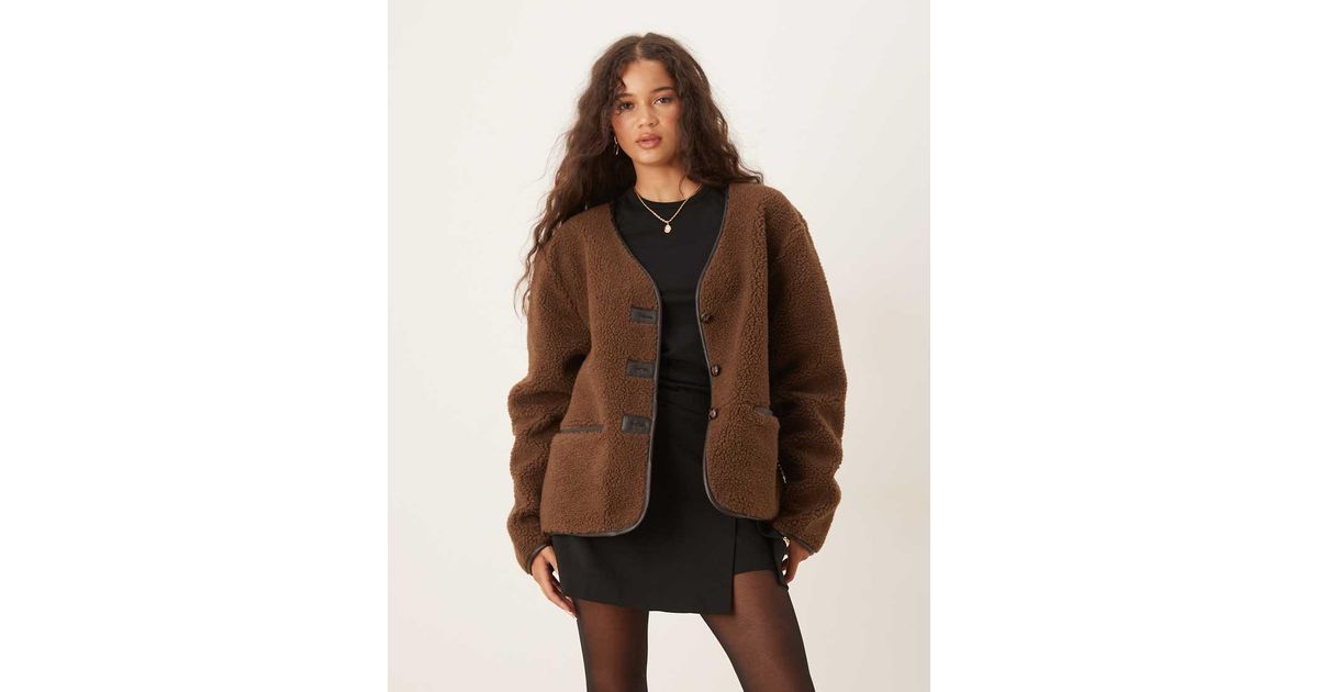 ASOS Oversized Borg Fleece Cardigan With Pu Trim in Brown | Lyst UK