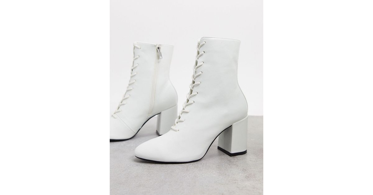 Bershka Lace Up Heeled Boot in White | Lyst