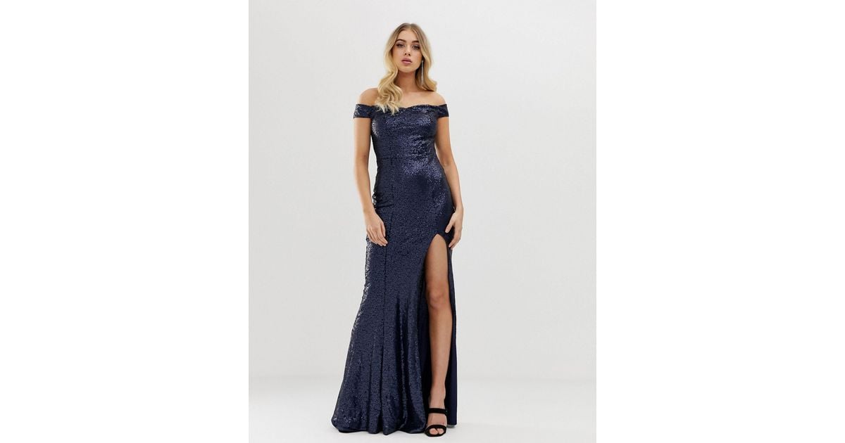 bardot thigh split maxi dress