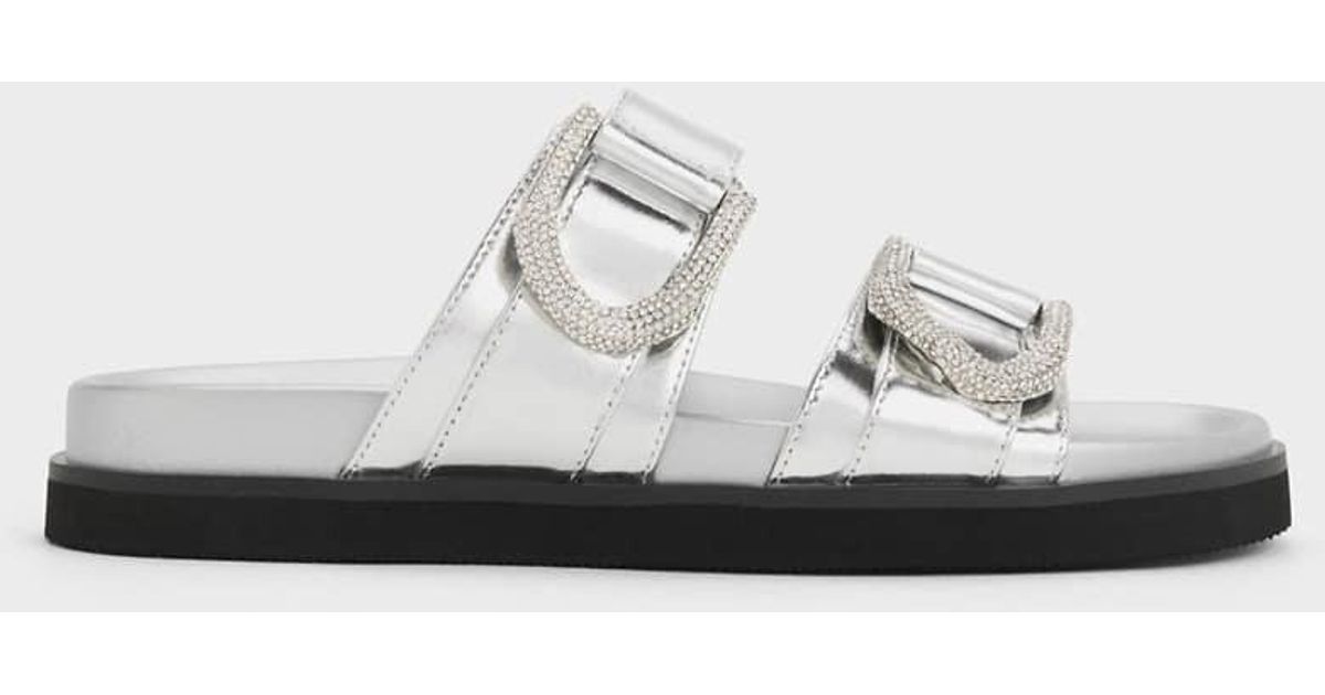 Metallic Slides Charles & Keith Gabine Crystal-Embellished Buckle Metallic Leather ...